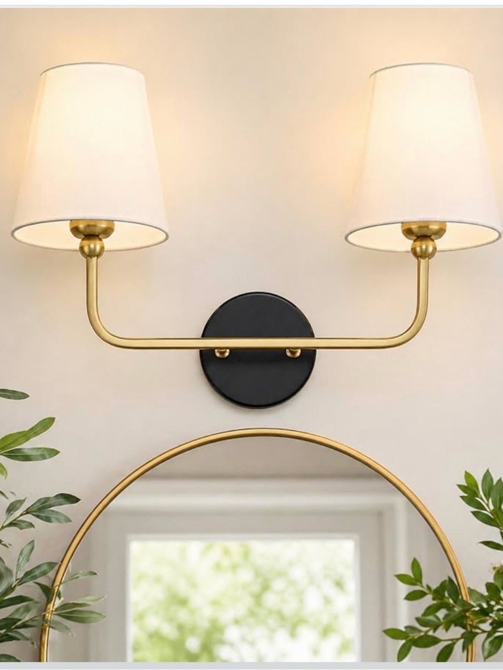 METWET 2-Light Black and Gold Bathroom Vanity Light, White Fabric Shades